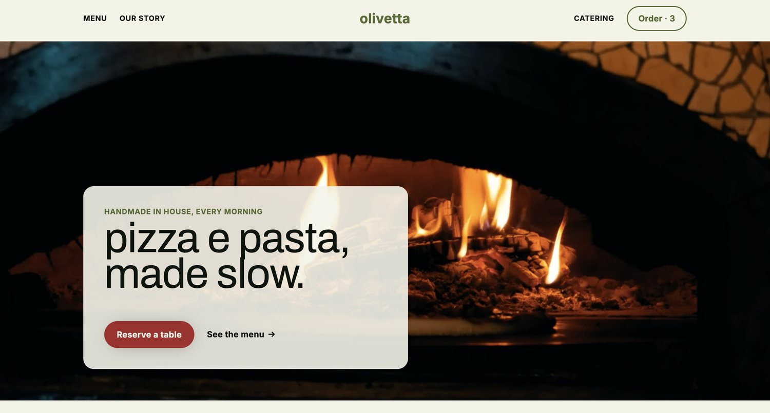 Olivetta restaurant website hero section