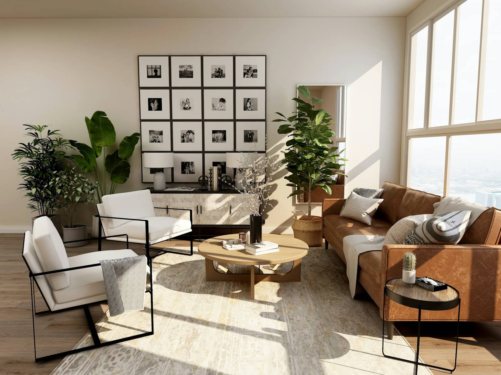 Warm living room with leather sofa and afternoon light