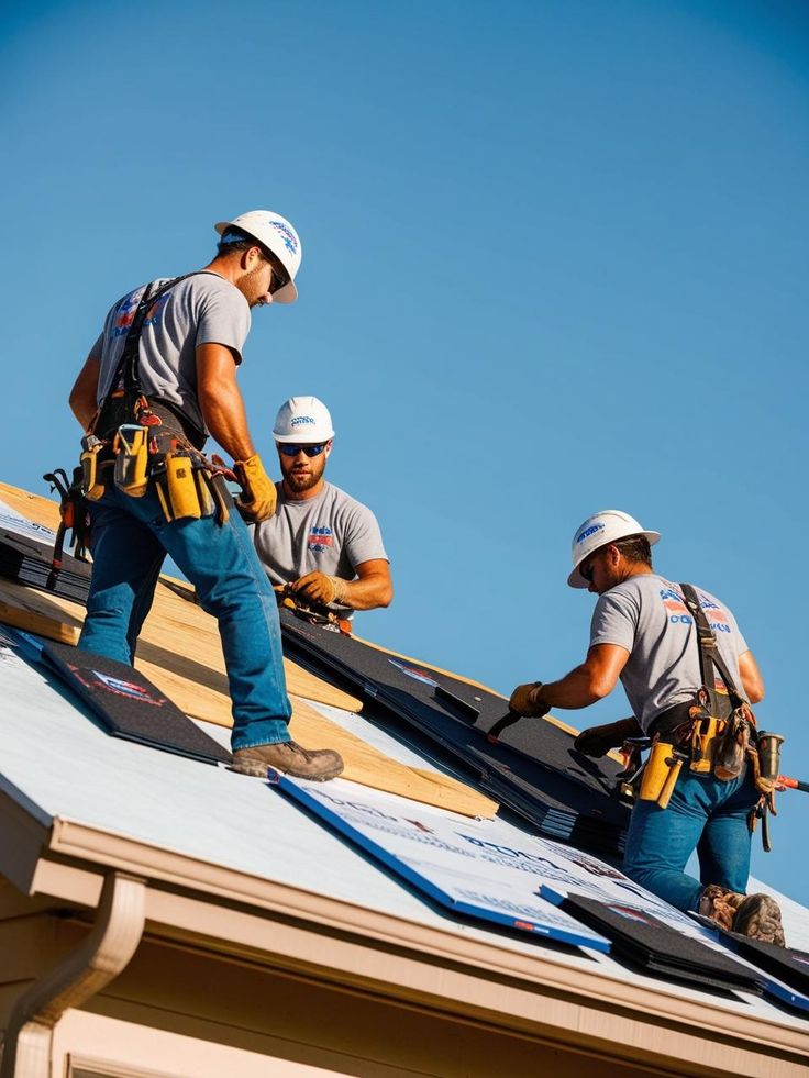Roofing crew installing shingles on a residential roof