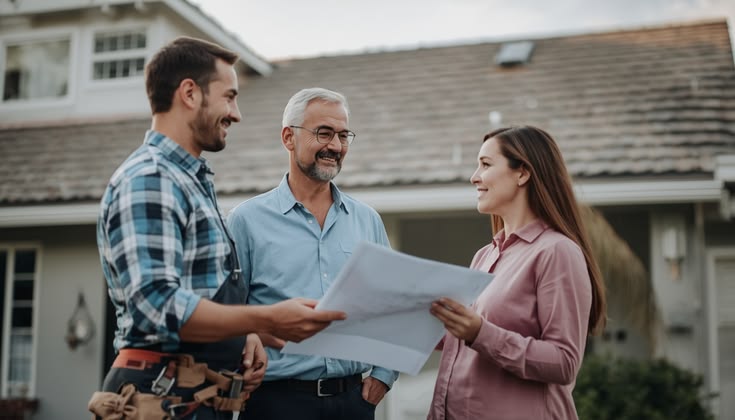 Roofing contractor reviewing plans with homeowners outside their house